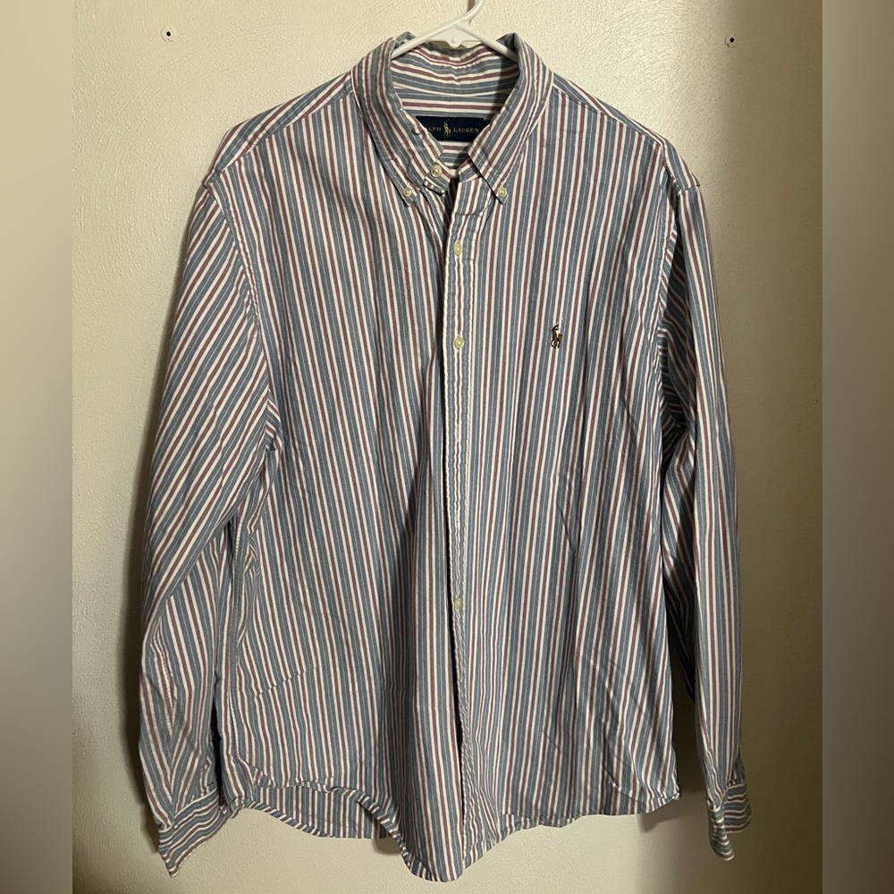 RALPH LAUREN Classic Striped Poplin Casual Button Down Shirt Blue Red Mens Sz XL